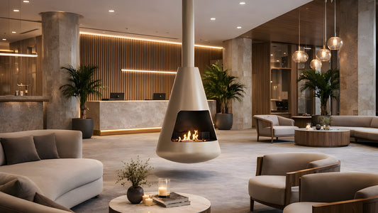 Balstil Bell hangende haard met brandend vuur in een modern hotelinterieur