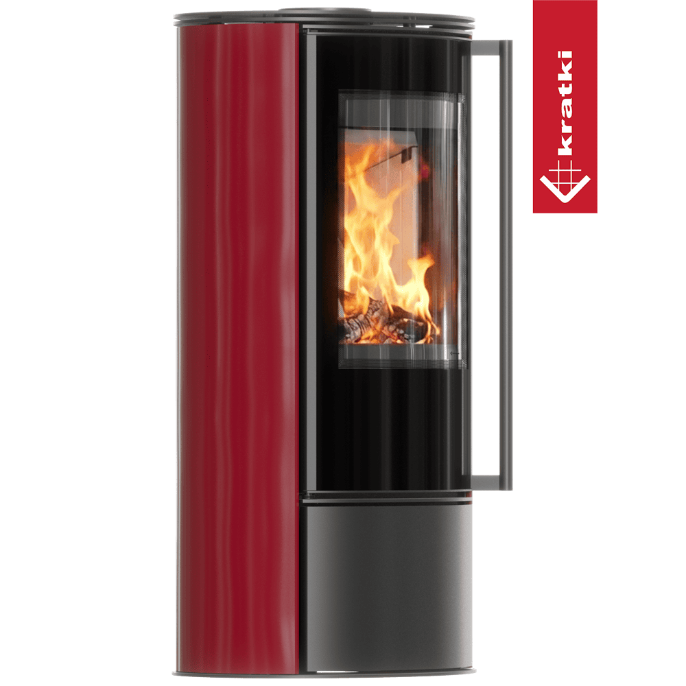 Kratki Erik houtkachel met rood en zwart design, vuur zichtbaar achter glas