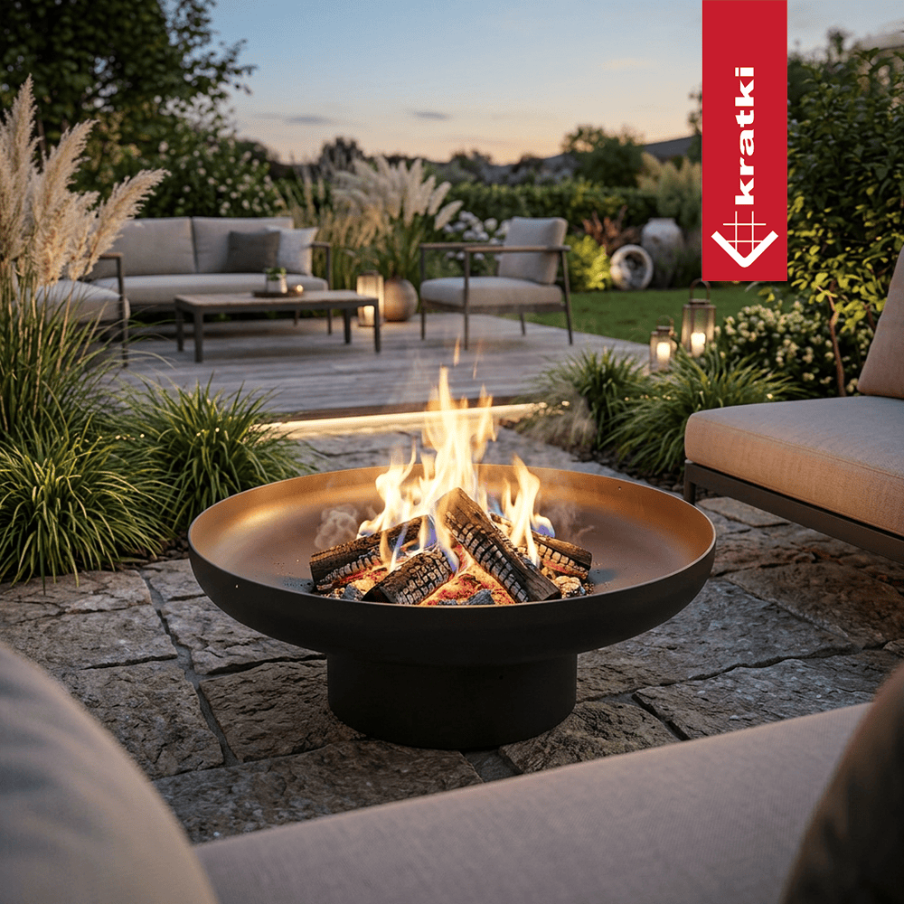 Kratki Fuego 600 vuurschaal met brandend hout in tuinsetting