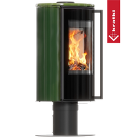 Groene Kratki Erik Draaibaar vrijstaande kachel met brandende vlammen op transparante achtergrond