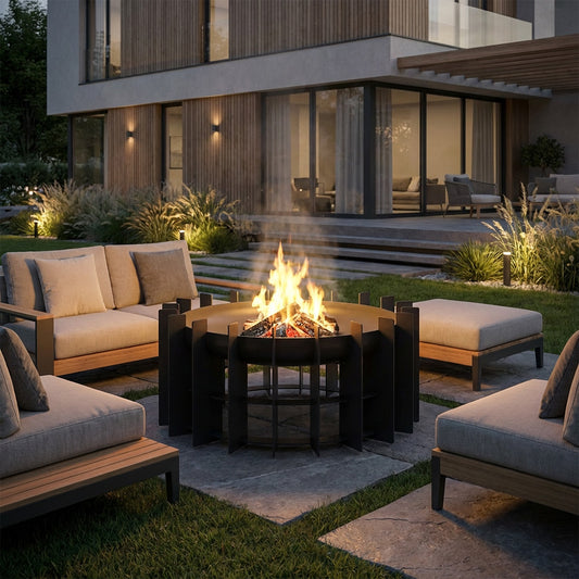 Kratki Capsel 600 vuurkorf in moderne tuin met loungezitjes