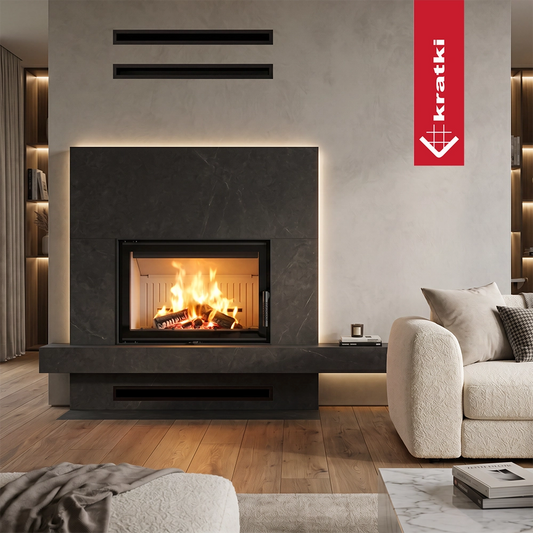 Kratki Norra haard in moderne woonkamer met brandend vuur