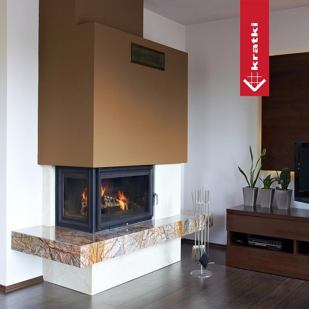 Kratki Oliwia hoekhaard met brandend vuur in een modern interieur