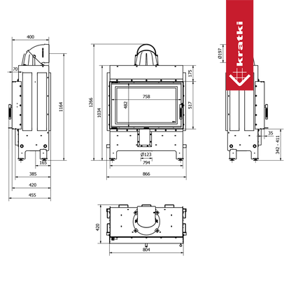 Kratki Lucy Slim maattekening met voor-, zij- en bovenaanzicht