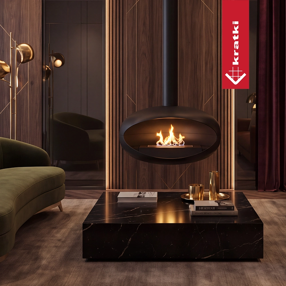 Kratki Ovo Hangend hangende haard met brandend vuur in een modern interieur
