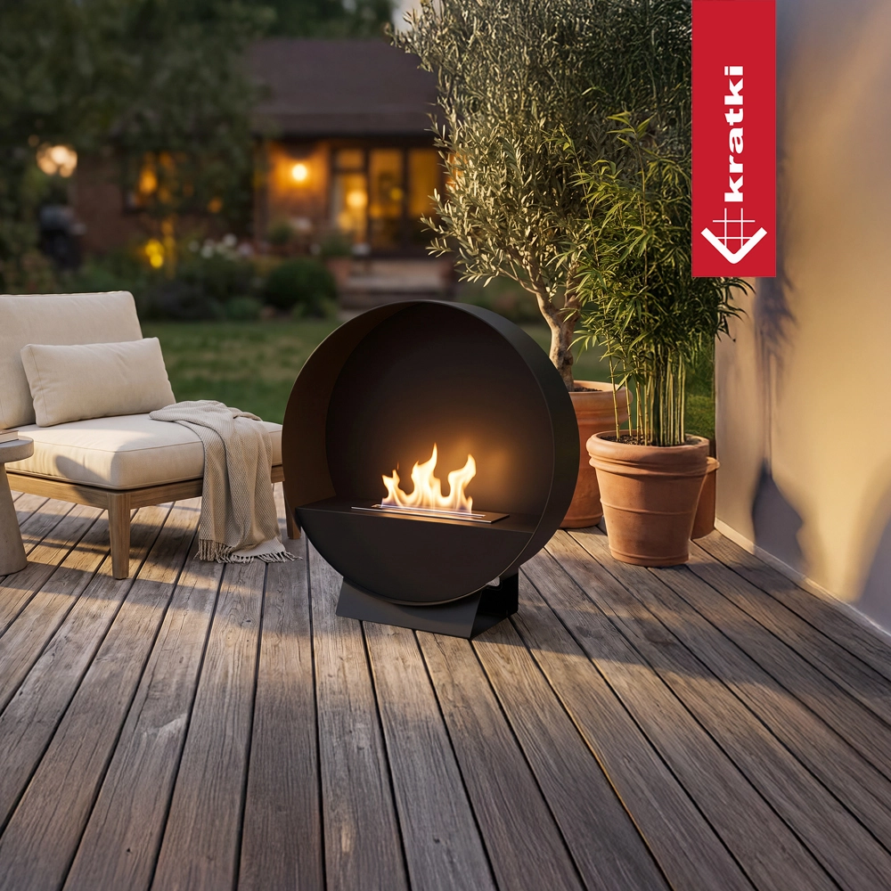 Kratki Orbe Staand haard met vlammen op een terras, naast een fauteuil en planten