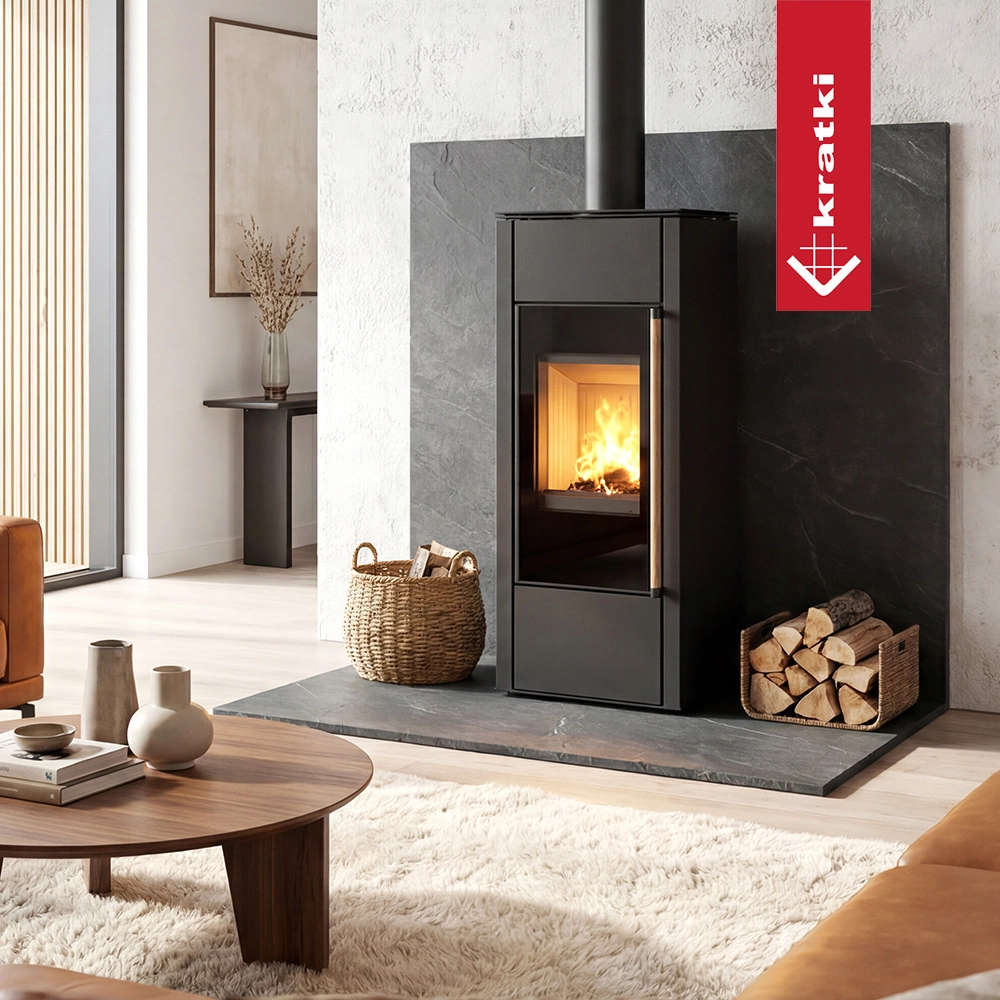 Kratki Hati Aqua CV in moderne woonkamer met brandend vuur