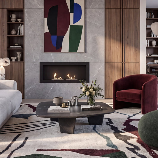 Krátki Delta2 ingebouwde haard met vlammen in een modern ingerichte woonkamer