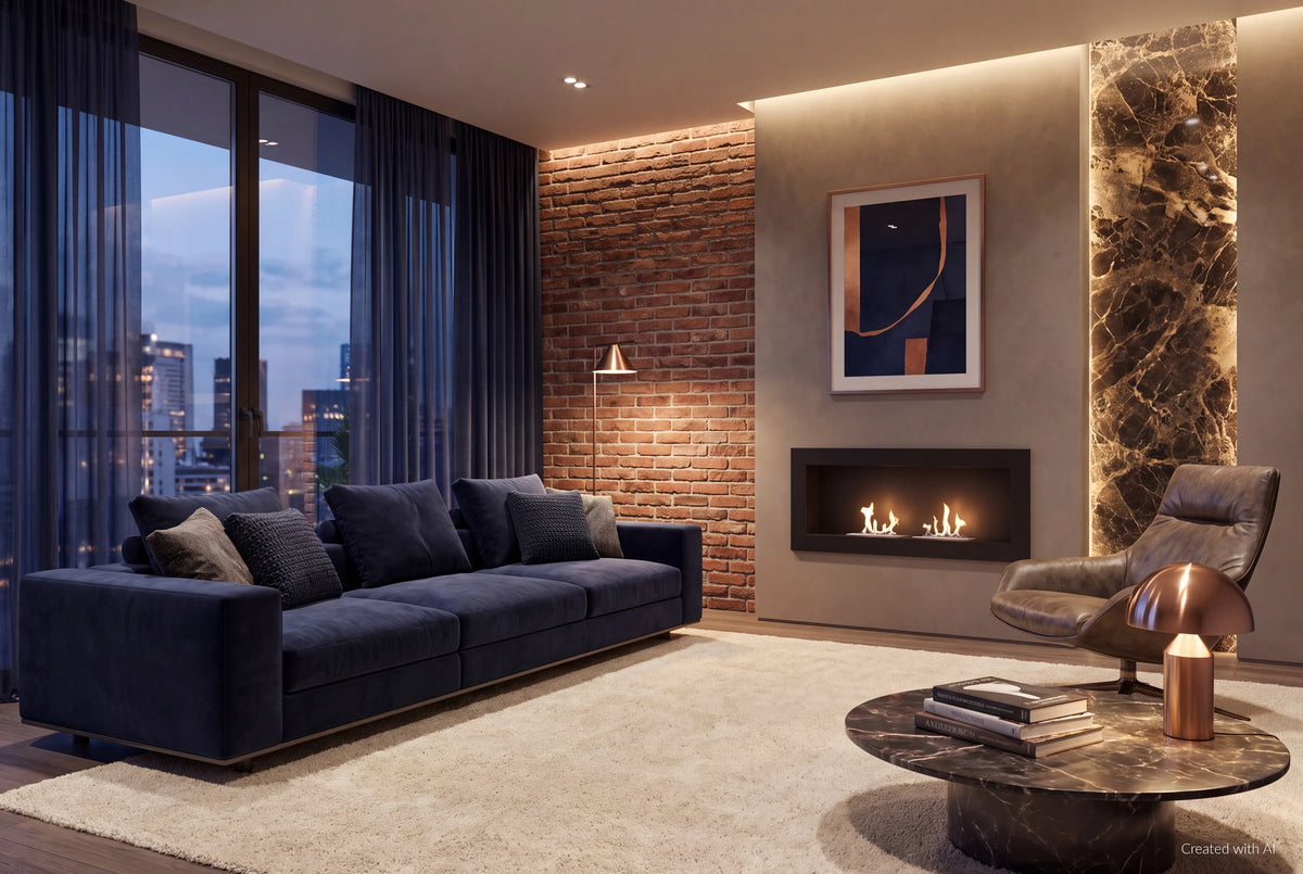 Kratki Golf2 ingebouwde haard met vlammen in een modern ingerichte woonkamer