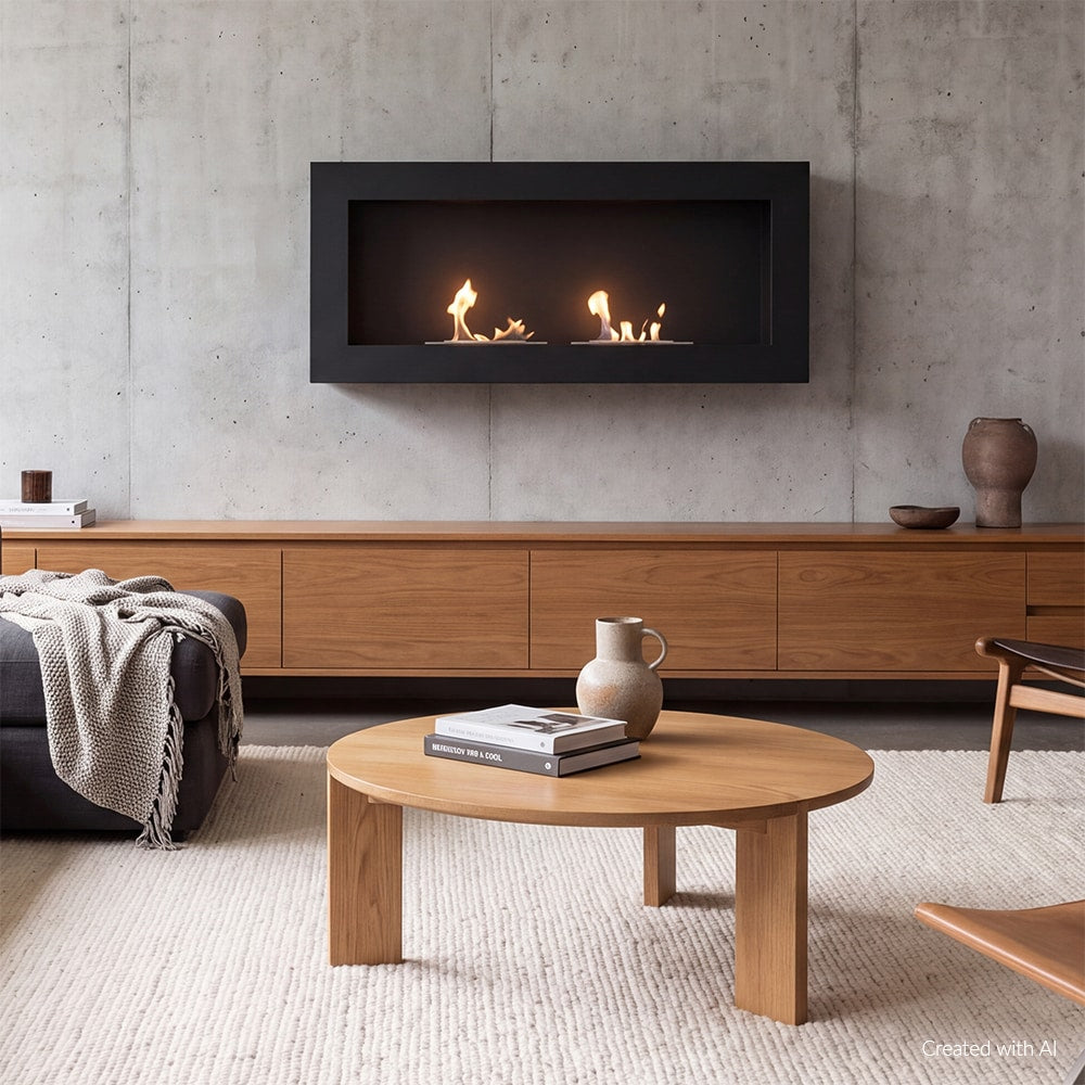 Kratki Golf2 wandhaard met brandende vlammen in een modern ingerichte woonkamer