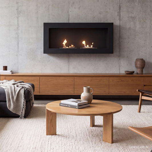 Kratki Golf2 wandhaard met brandende vlammen in een modern ingerichte woonkamer