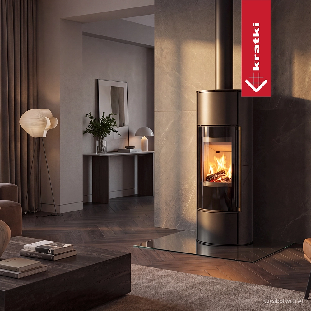 Kratki Erik vrijstaande houtkachel met brandend vuur in een modern interieur