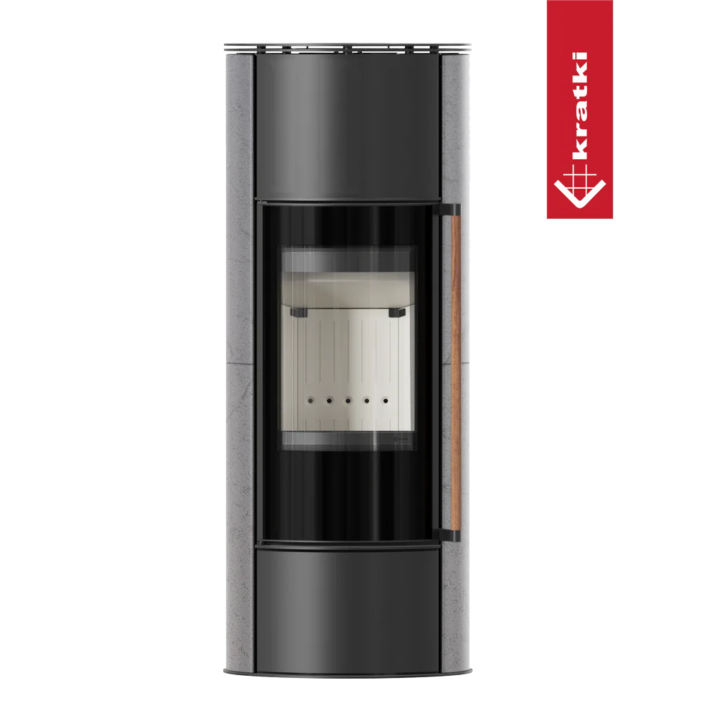 Kratki Erik vrijstaande kachel met zwarte voorkant, glazen deur en houten handgreep