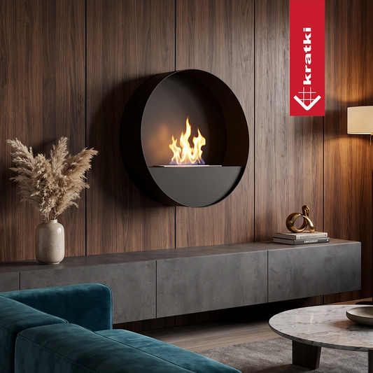 Kratki Orbe Hangend hangende ronde haard met vlammen in een modern interieur