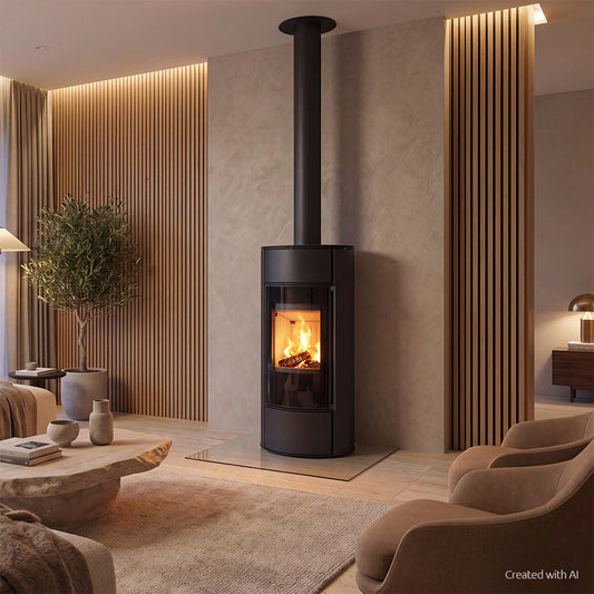 Kratki Erik Aqua CV houtkachel met brandend vuur in een modern interieur