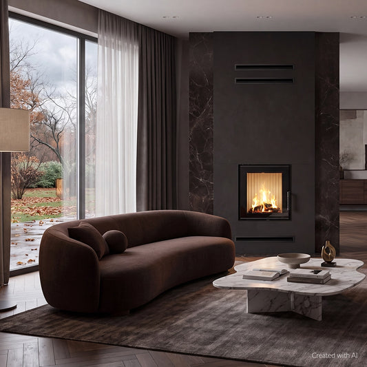 Kr​​atki Lawa inzethaard met brandend vuur in een moderne woonkamer