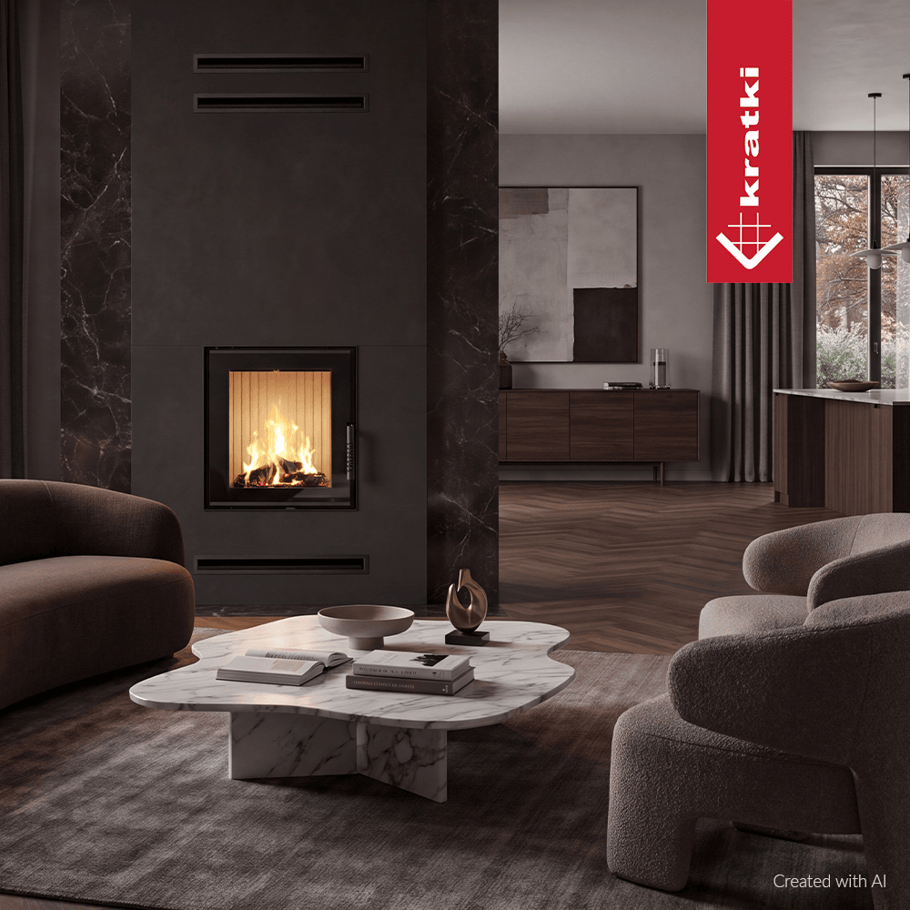 Kratki Lawa inbouwhaard met brandend vuur in stijlvolle woonkamer met marmeren wand en zitmeubels.