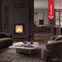 Kratki Lawa inbouwhaard met brandend vuur in stijlvolle woonkamer met marmeren wand en zitmeubels.