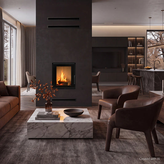 Krati Magma haard met brandend vuur in een modern interieur