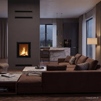 Kratki Magma ingebouwde haard met brandend vuur in moderne woonkamer en keuken