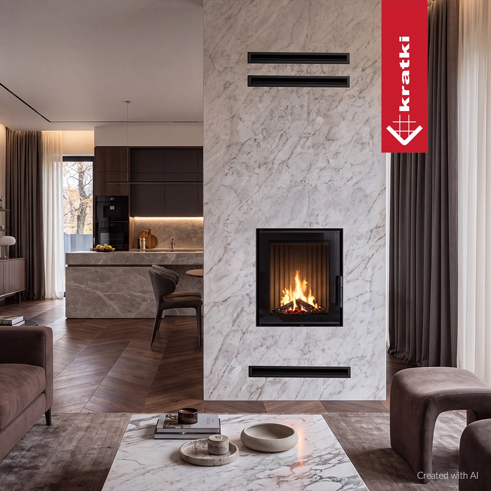 Kratki Lawa ingebouwd in een marmeren wand van een modern interieur, met brandend vuur