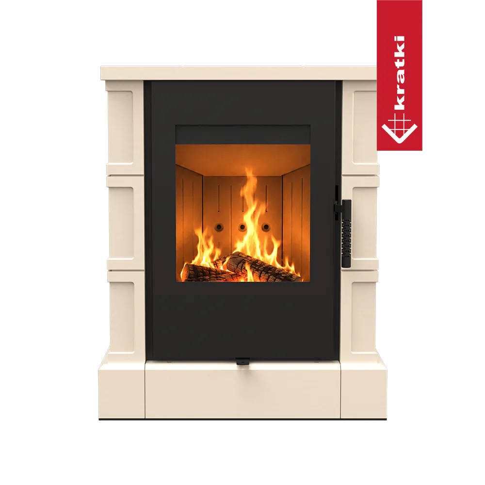 Kratki Torir haard met brandend vuur en klassieke lichte omlijsting