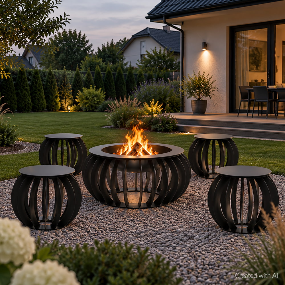 Kratki Luno vuurkorf met vlammen in een aangelegde tuin met zitkrukjes