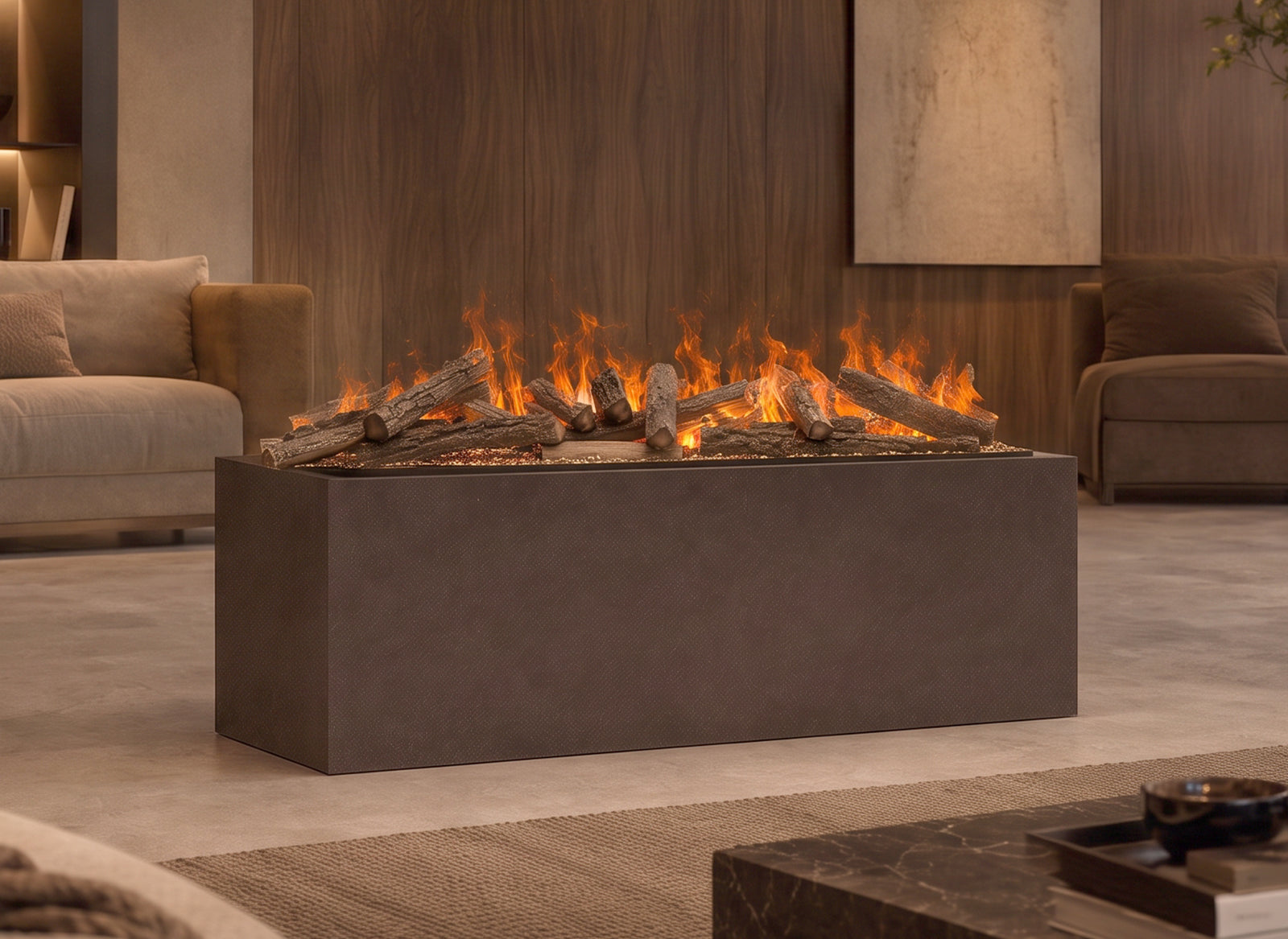 Dimplex Triton 1000 Optimyst met vlameffect in een moderne woonkamer