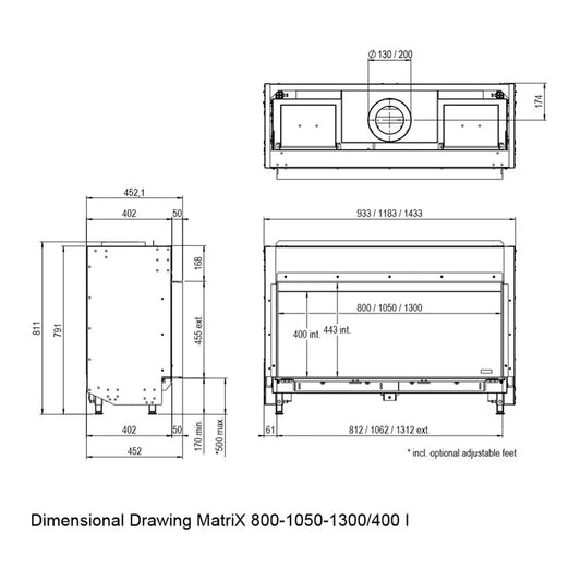 Technische tekening van Faber Matrix 800/400 I Front met gedetailleerde afmetingen en specificaties.