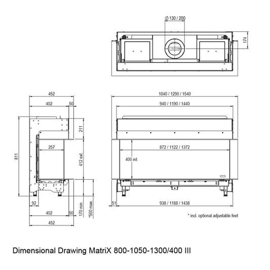 Technische tekening van Faber MatriX 800/400 III 3-zijdig met gedetailleerde afmetingen.