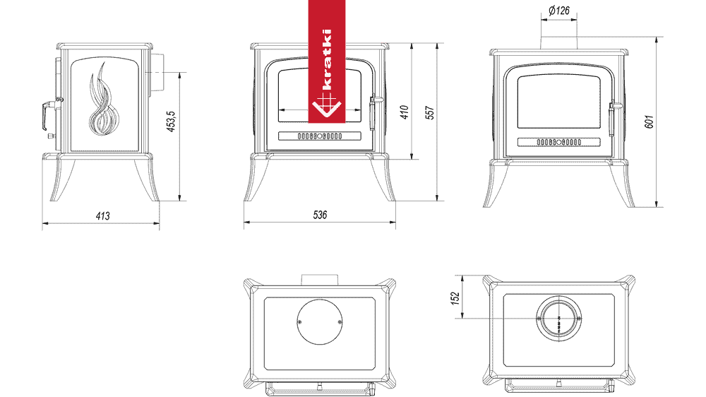 Technische tekening van de Kratki K7 houtkachel met afmetingen en aanzichten.