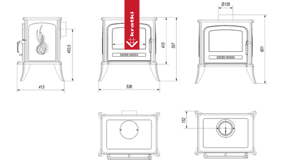 Technische tekening van de Kratki K7 houtkachel met afmetingen en aanzichten.