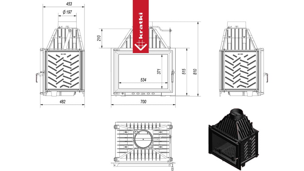 Technische tekening van de Kratki Zuzia 700 haard met afmetingen en zijaanzichten.