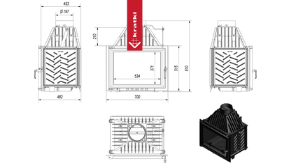 Technische tekening van de Kratki Zuzia 700 haard met afmetingen en zijaanzichten.