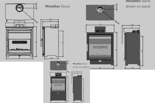 Technische tekening van Charlton & Jenrick Fireline Woodtec 5 kW standaard 414 mm houtkachel.