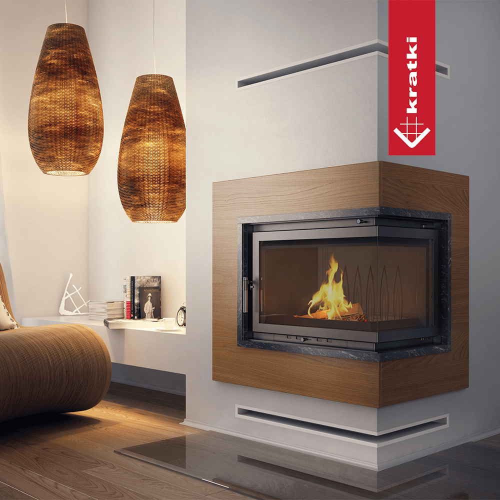 Kratki Zuzia haard in moderne woonkamer met houtafwerking en brandend vuur