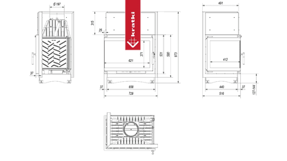 Technische tekening van Kratki Zuzia Links met gedetailleerde afmetingen en specificaties.