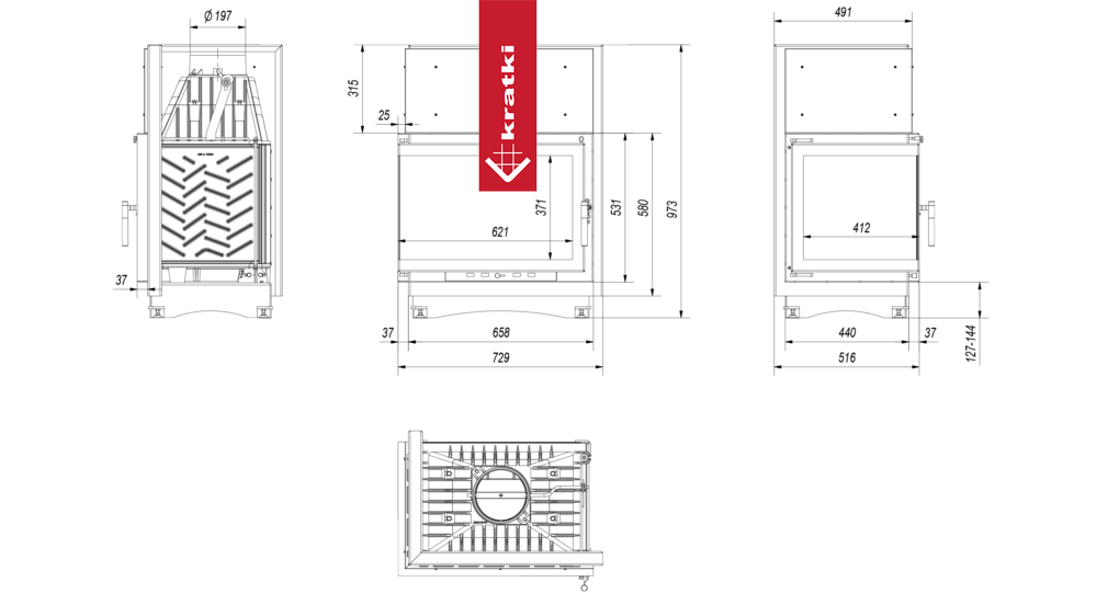 Technische tekening van de Kratki Zuzia Links haard met afmetingen en zijaanzichten.