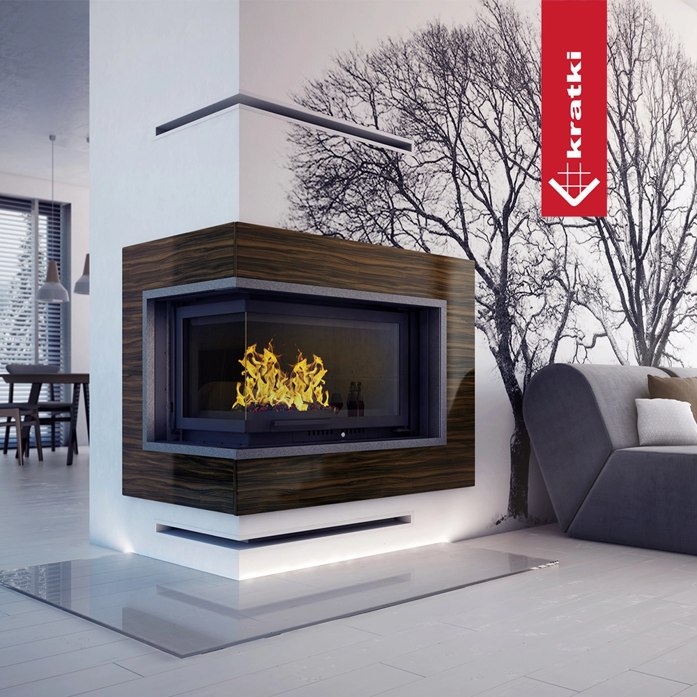 Kratki Oliwia in moderne woonkamer met ingebouwde haard en zichtbare vlammen