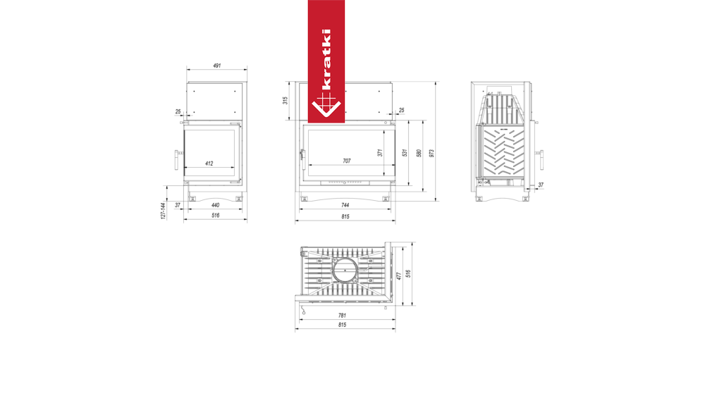 Technische tekening van de Kratki Oliwia Rechts haard met afmetingen en doorsneden.