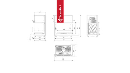 Technische tekening van de Kratki Oliwia Rechts haard met afmetingen en doorsneden.