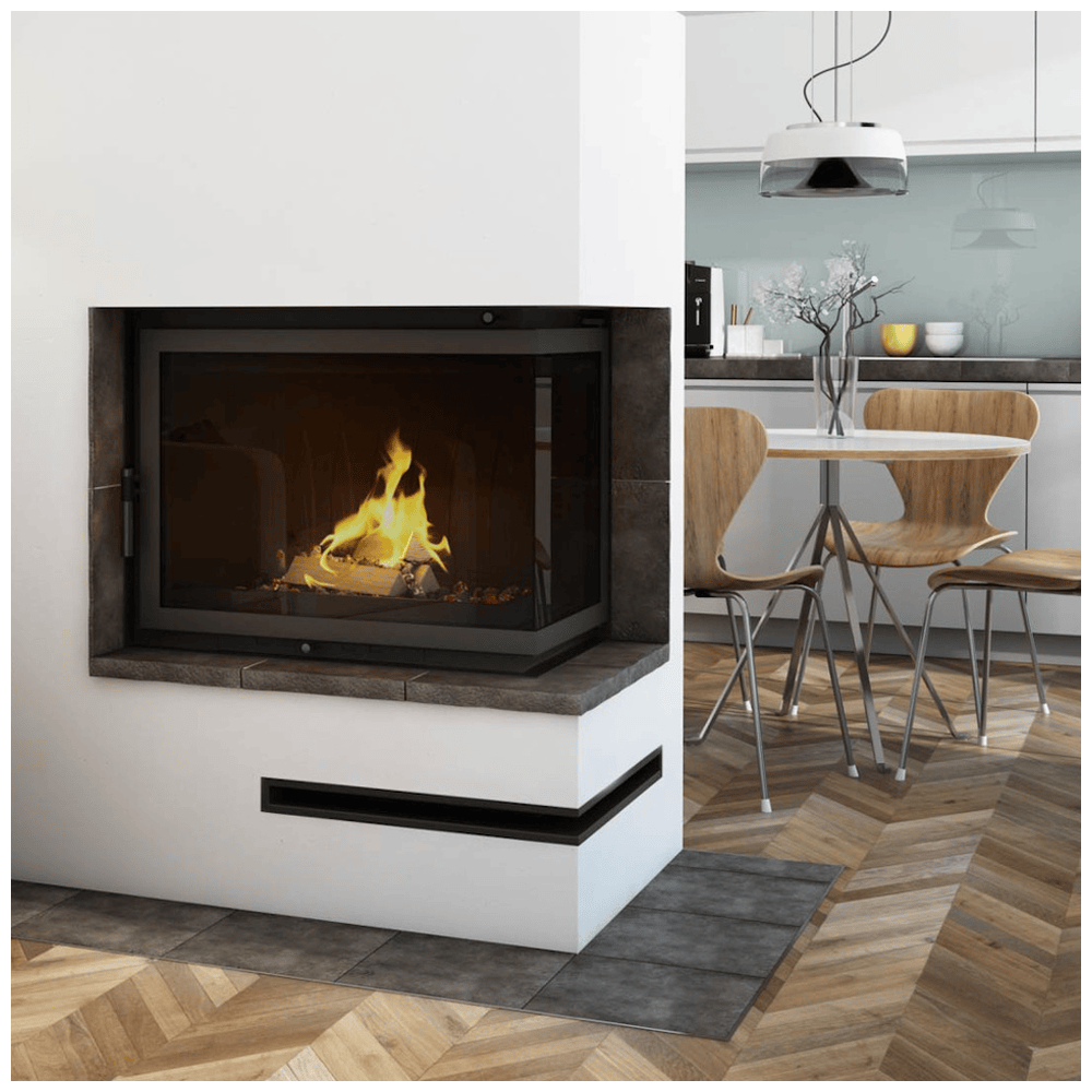 Kratki Amelia haard ingebouwd in moderne woonkamer met eettafel en stoelen