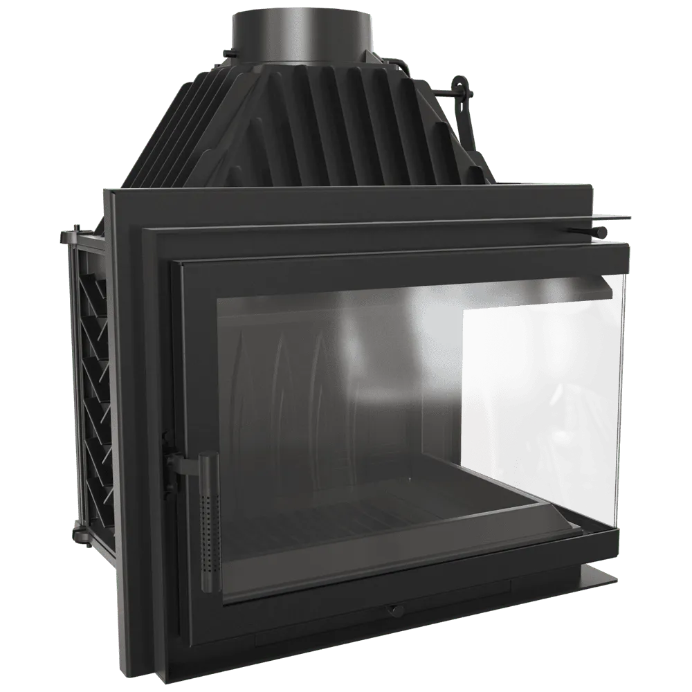 Kratki Simple Z 15 kW Rechts, moderne zwarte houtkachel met glazen zijpaneel.