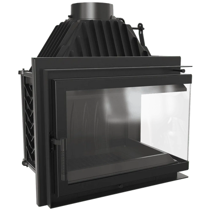 Kratki Simple Z 15 kW Rechts, moderne zwarte houtkachel met glazen zijpaneel.
