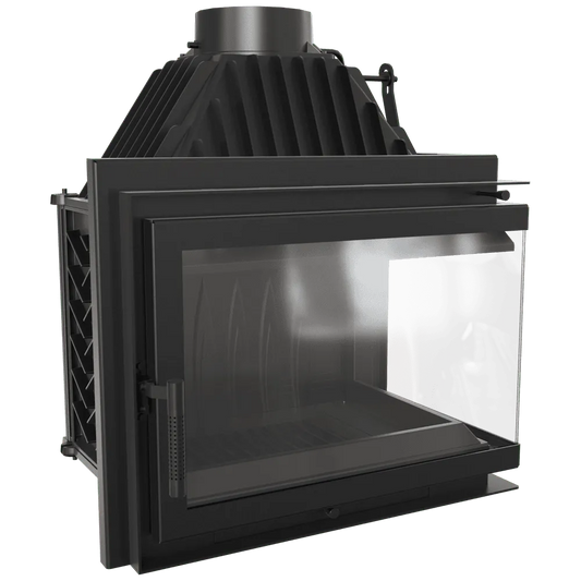 Kratki Simple Z 15 kW Rechts, moderne zwarte houtkachel met glazen zijpaneel.