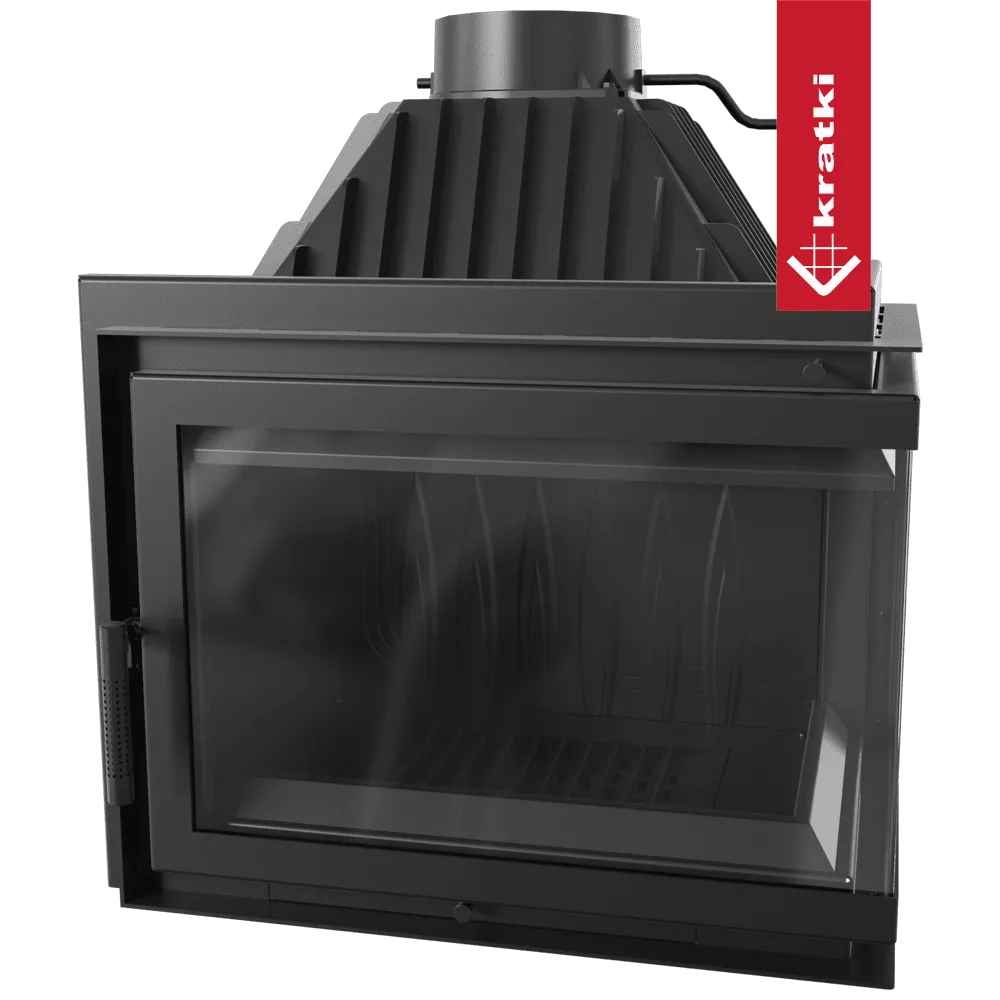 Kratki Simple Z 15 kW Rechts, zwarte houtkachel met glazen deur en bovenste rookafvoer.