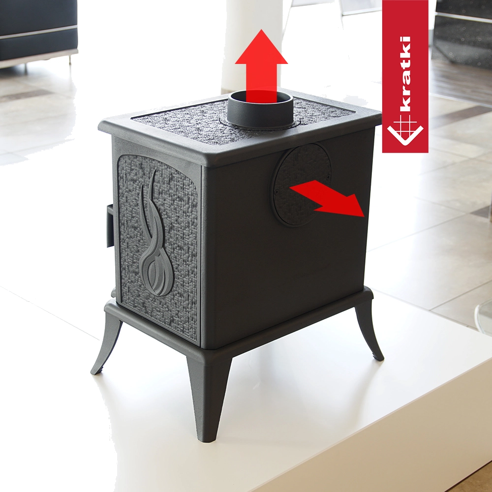 Kratki K7 zwarte kachel met pijpaansluiting en rode pijlen