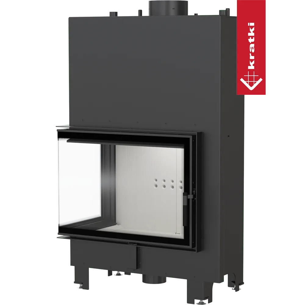 Kratki MBA CV Links, moderne inbouwhaard met glazen deur en zwart metalen frame.