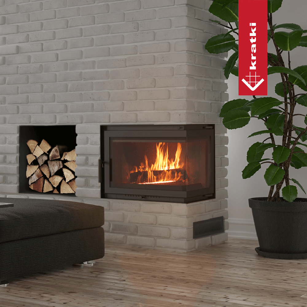 Kratki Simple M 10 kW ingebouwd in witte bakstenen haardwand met brandend vuur