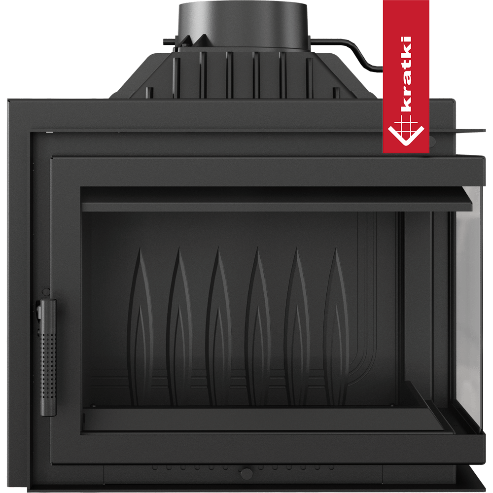 Kratki Simple M 10 kW Rechts, zwarte houtkachel met glazen deur en bovenste rookafvoer.